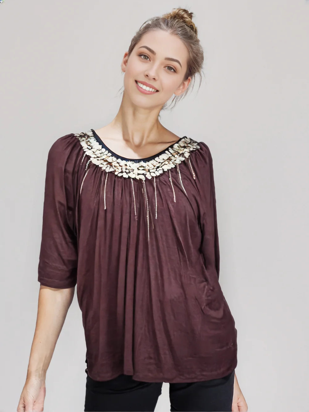 Coin Embellished Baby Doll Knit Top – Elegant & Trendy Style