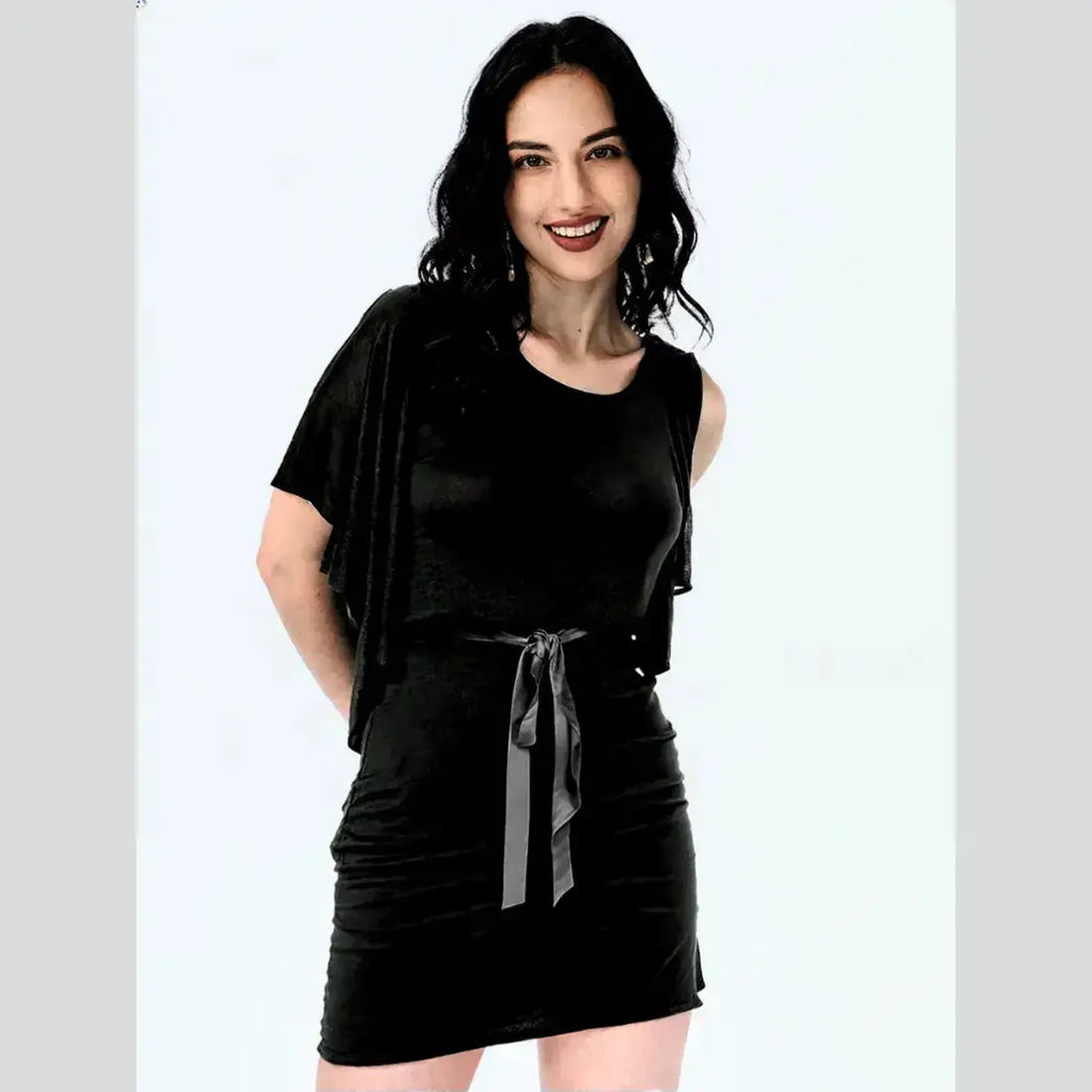 Elegant Round Neck Poncho Sleeve Knit Top with Satin Waistband Tie-Up