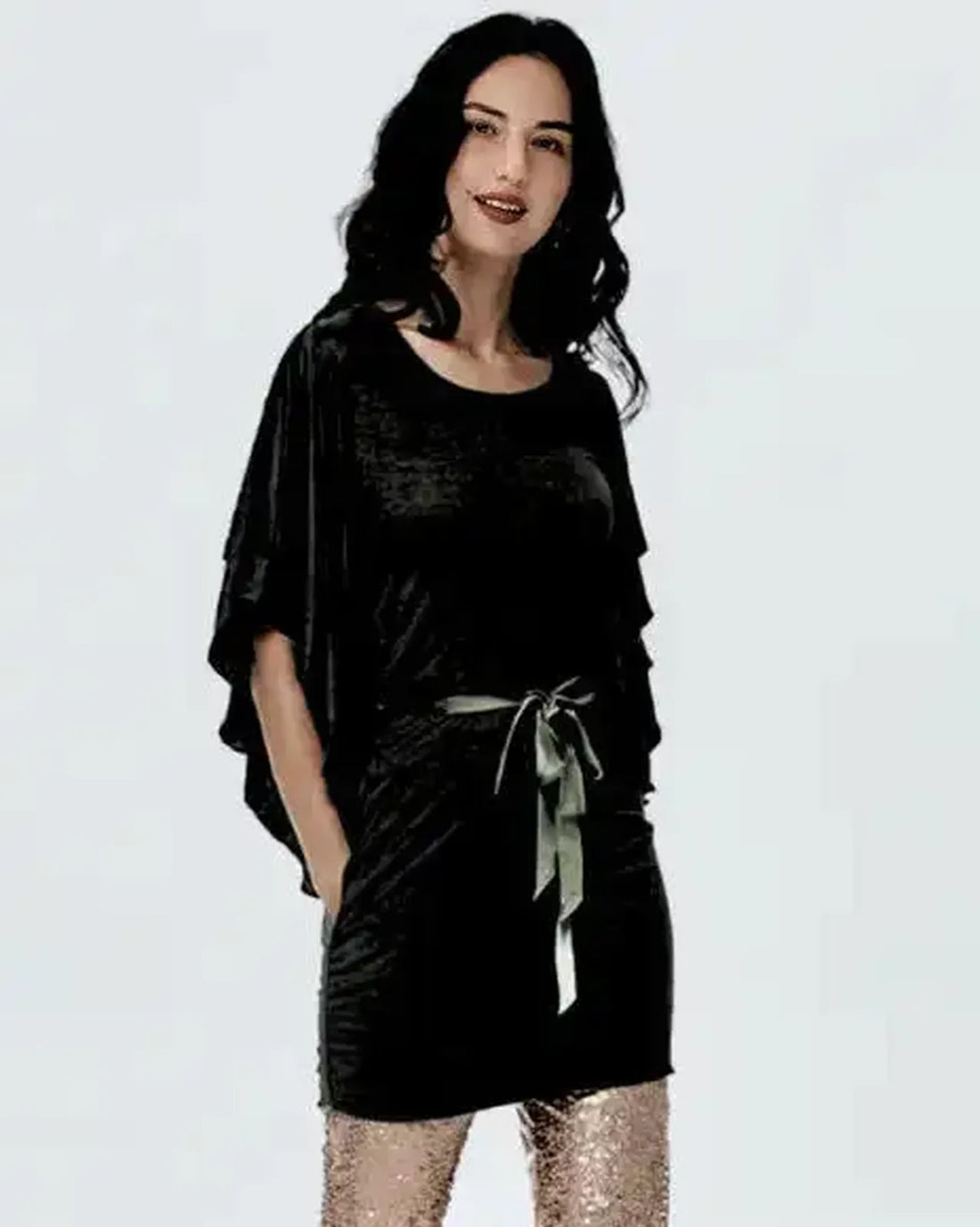 Elegant Round Neck Poncho Sleeve Knit Top with Satin Waistband Tie-Up