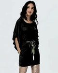 Elegant Round Neck Poncho Sleeve Knit Top with Satin Waistband Tie-Up