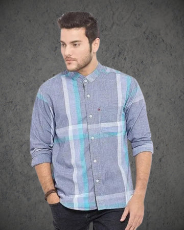 Grey 100% Cotton Band Collar Long Sleeve check Shirt