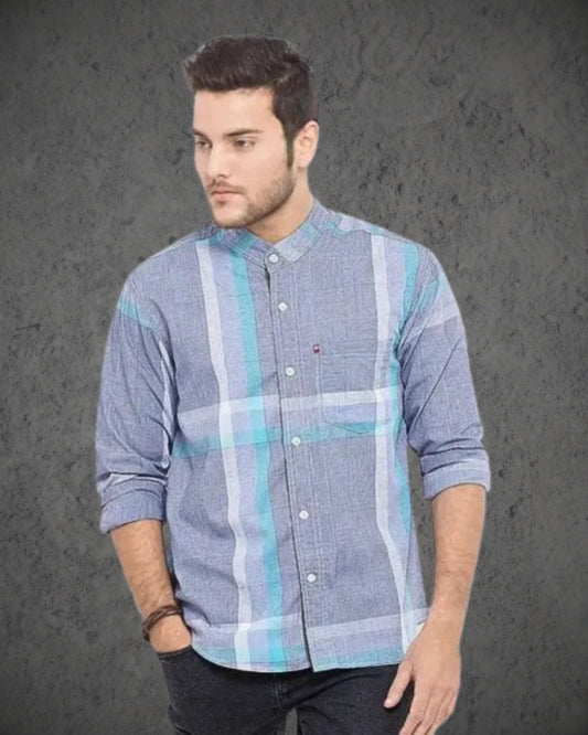 Grey 100% Cotton Band Collar Long Sleeve check Shirt