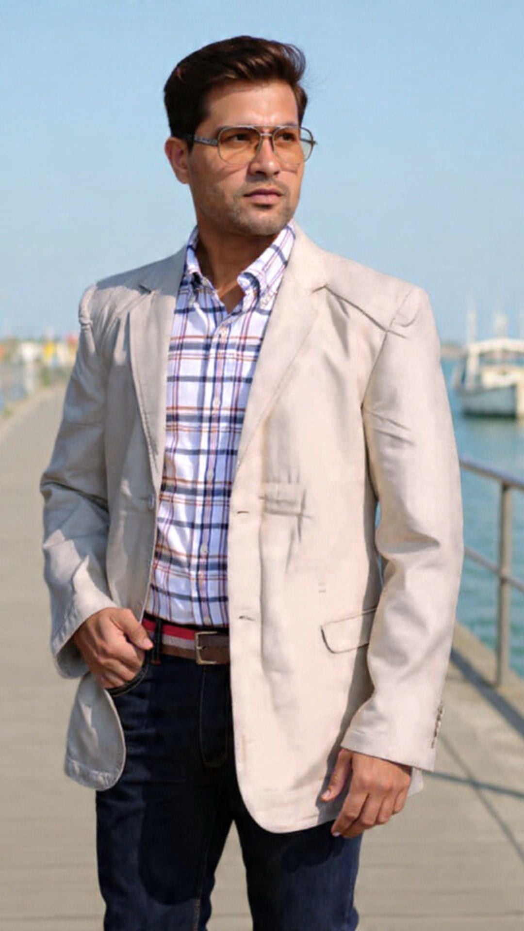 Man wearing a light-colored blazer over a plaid shirt by a waterfront.