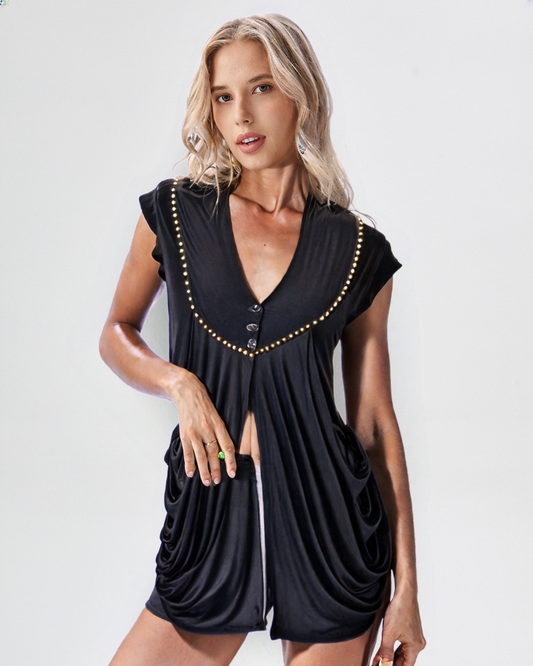 Grey beaded modified baby doll style knit top