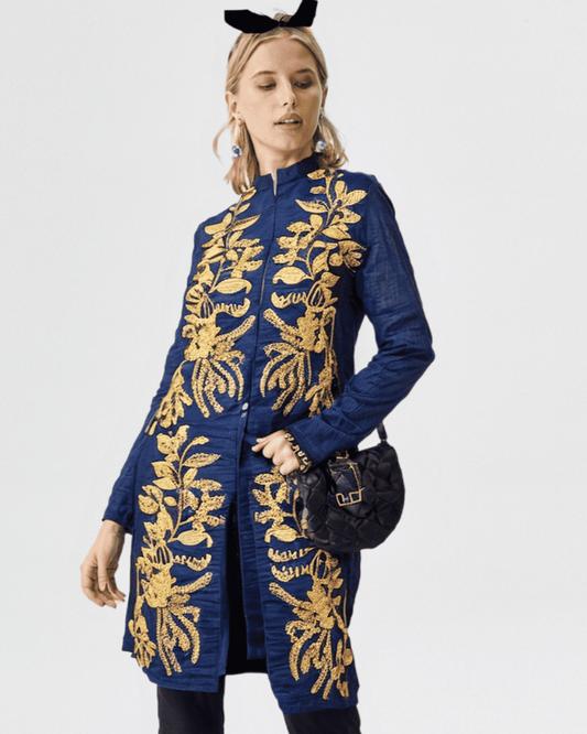 Denim Fusion Top with Gold Embroidery