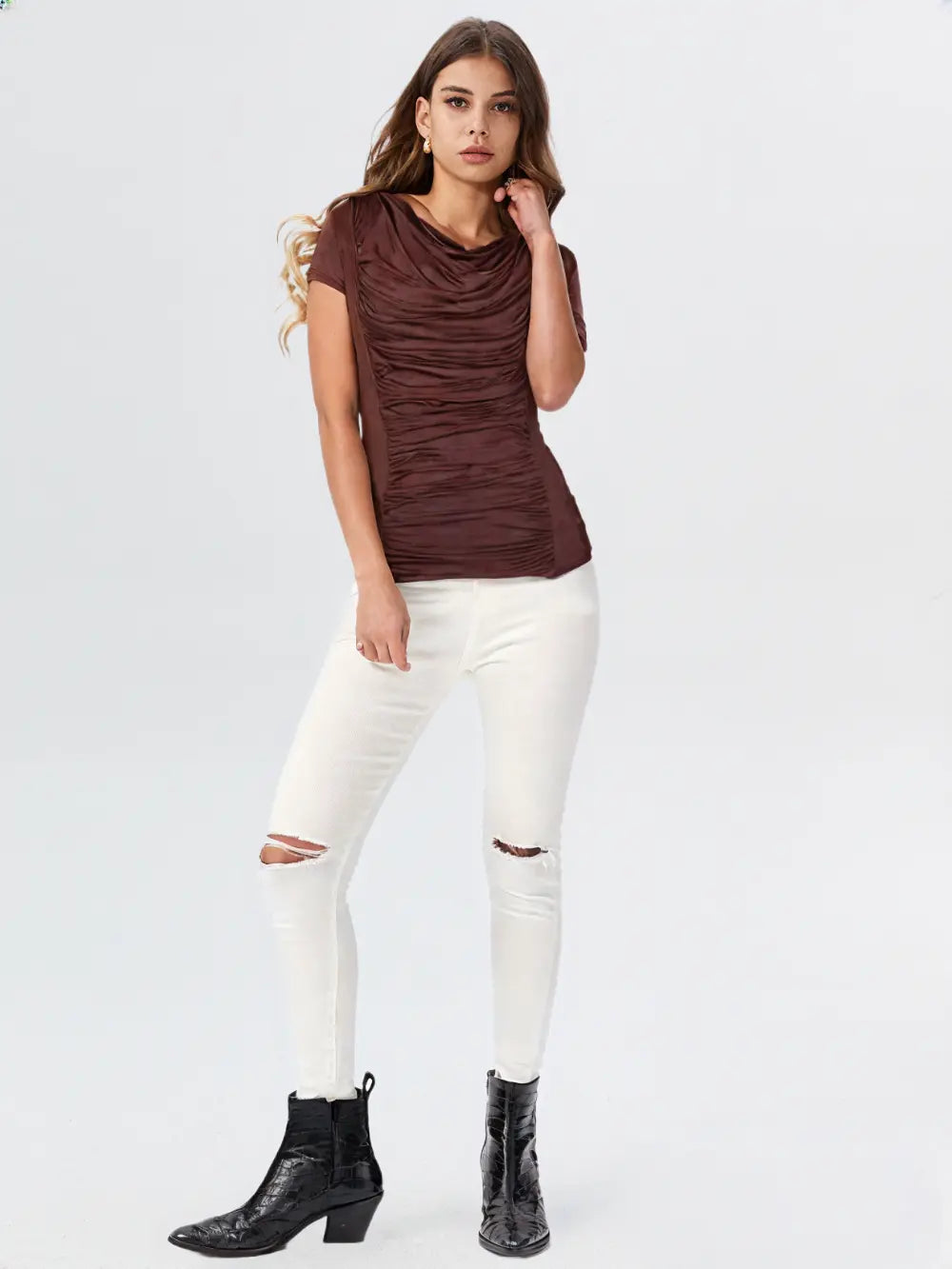 Half Sleeve Brown Ruched Drape Neck Top – Elegant & Timeless Style