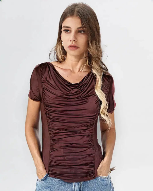 Half Sleeve Brown Ruched Drape Neck Top – Elegant & Timeless Style