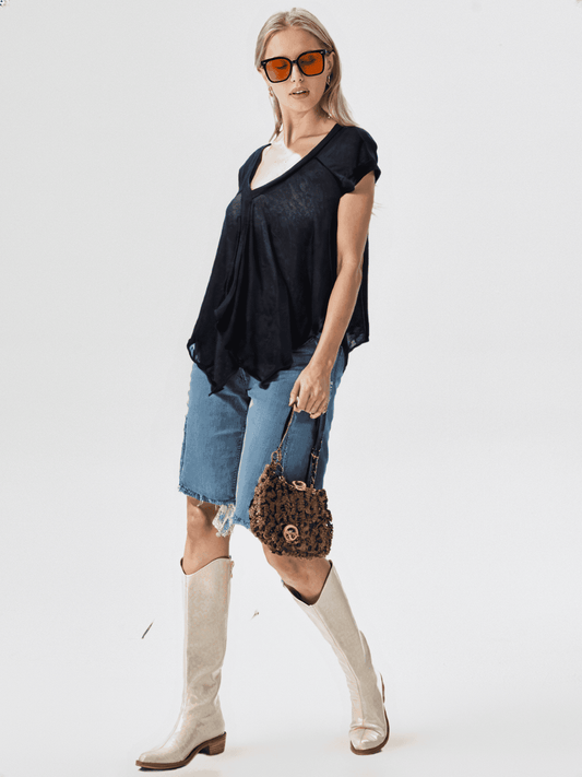 Black diagonal cut sweater knit top