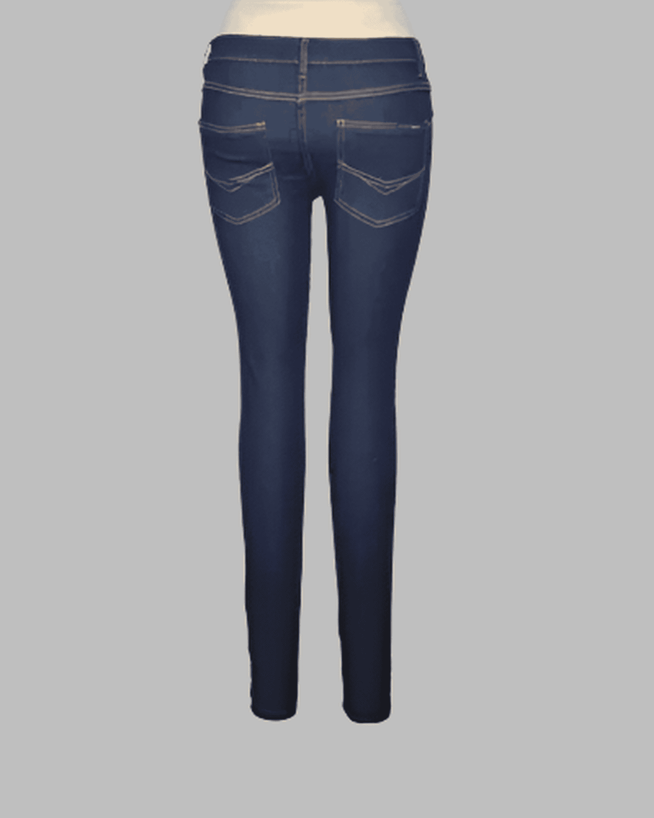 Blue Mid Rise Power Stretch Skinny Jeans with Gold Stitching