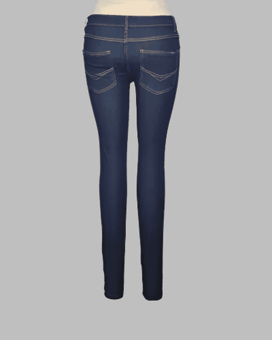 Blue Mid Rise Power Stretch Skinny Jeans with Gold Stitching