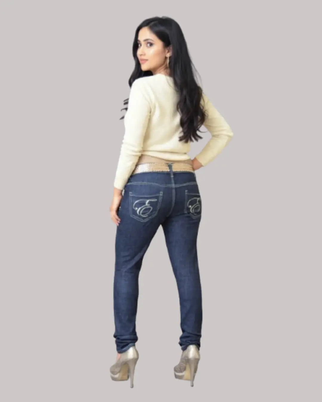 Dark Denim Stretch jeans with gold stitching back view