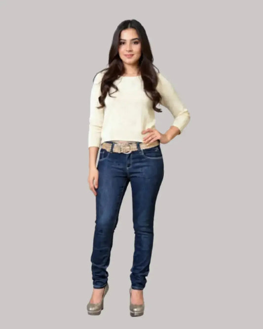 Dark Denim stetch jeans with gold stitching