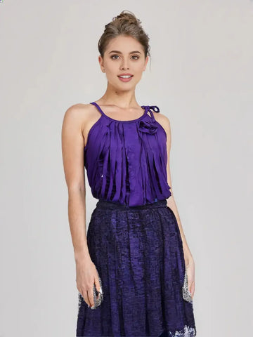 Purple Spaghetti Strap Tie-Up Tank Top with Fabric Flower