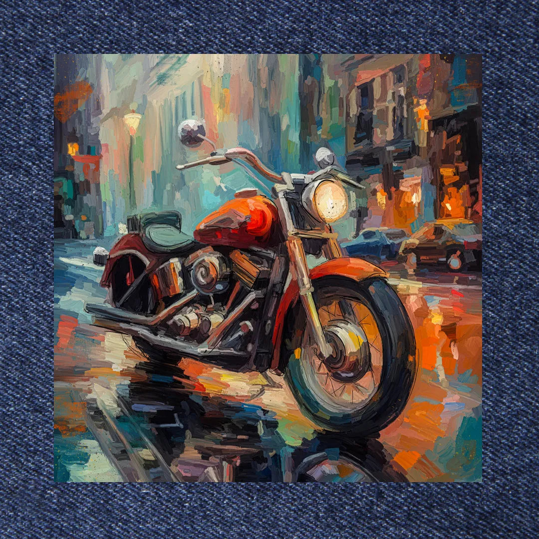 Colorful painting of a motorcycle on an urban street