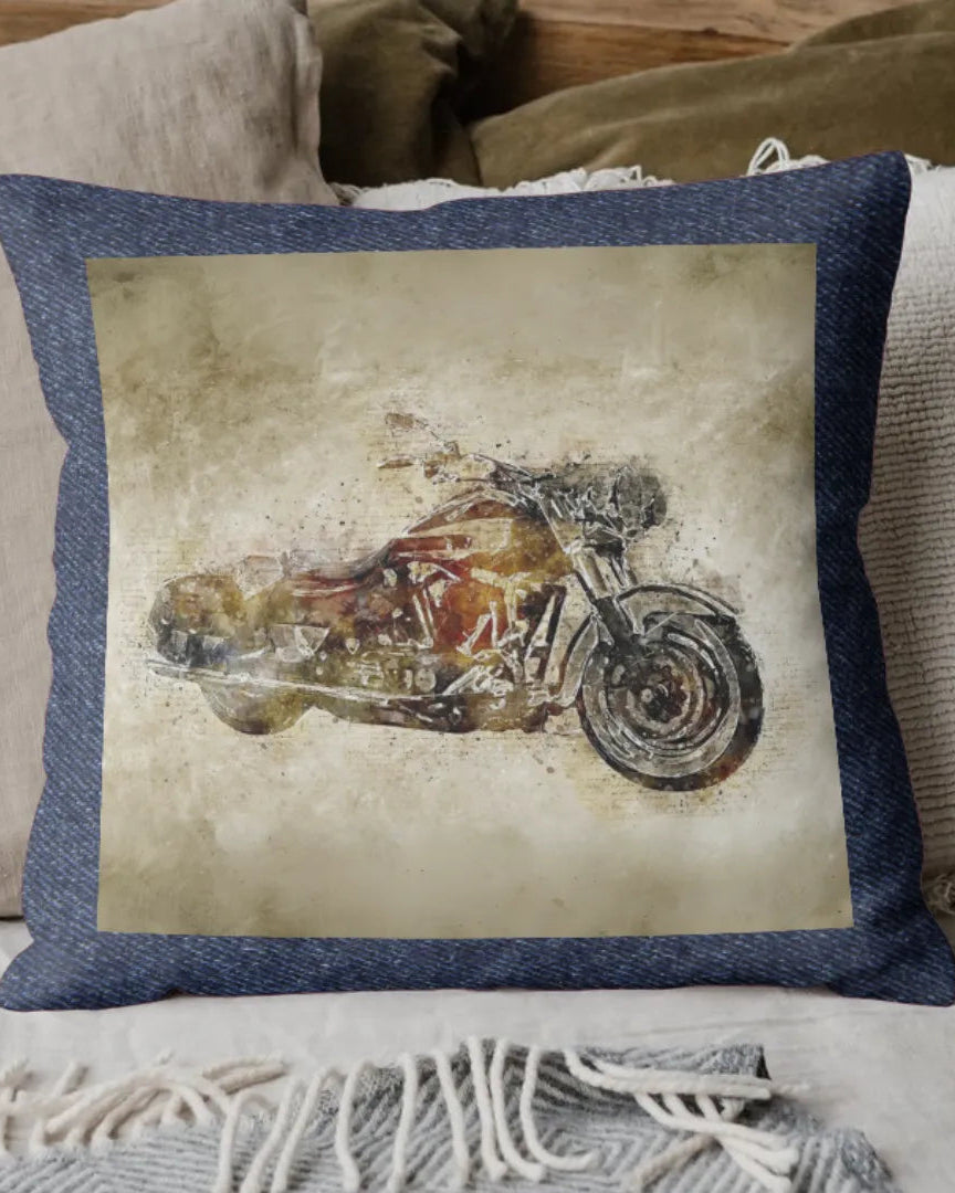 Decorative pillow with a motorcycle design on a beige background