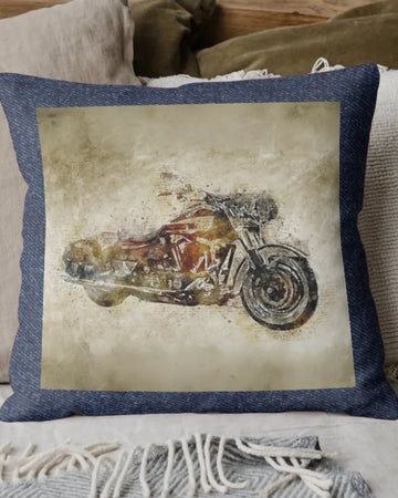 Decorative pillow with a motorcycle design on a beige background