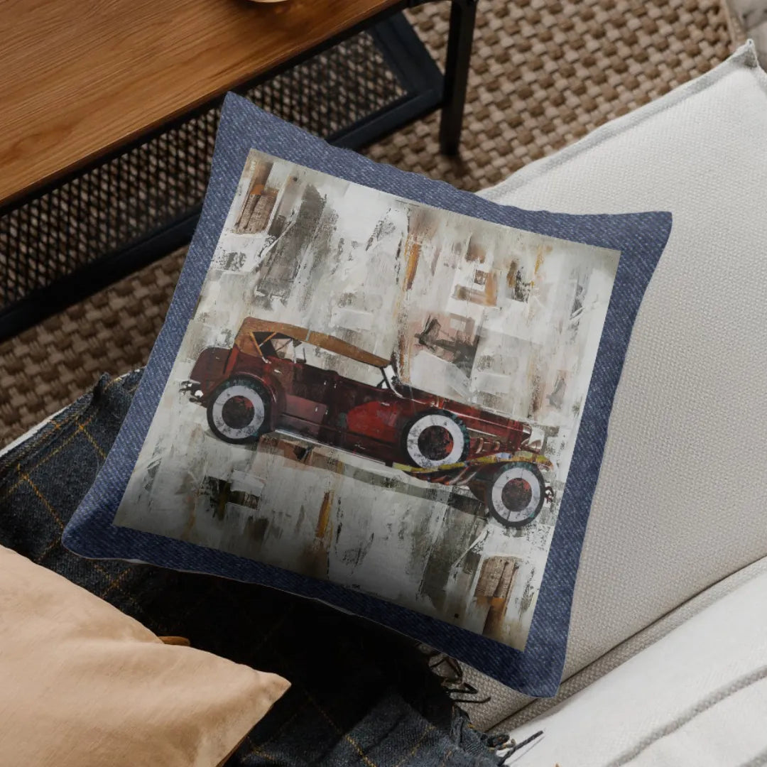 Decorative pillow with vintage car design on a couch