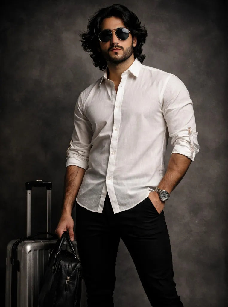 White Men’s Long Sleeve Linen Shirt