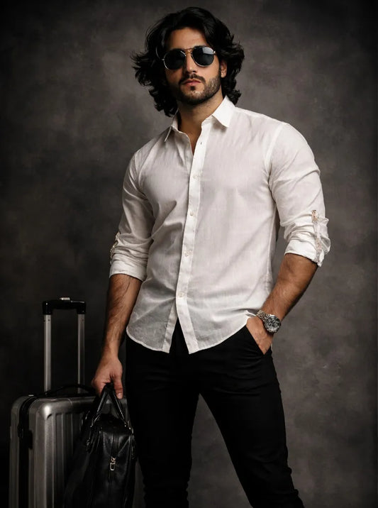 White Men’s Long Sleeve Linen Shirt