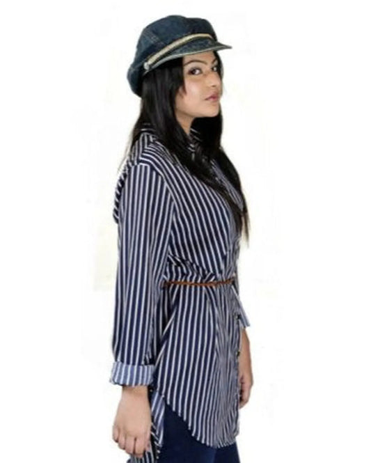 White & Blue Satin Stripe Shirt – Elegant Women’s Classic
