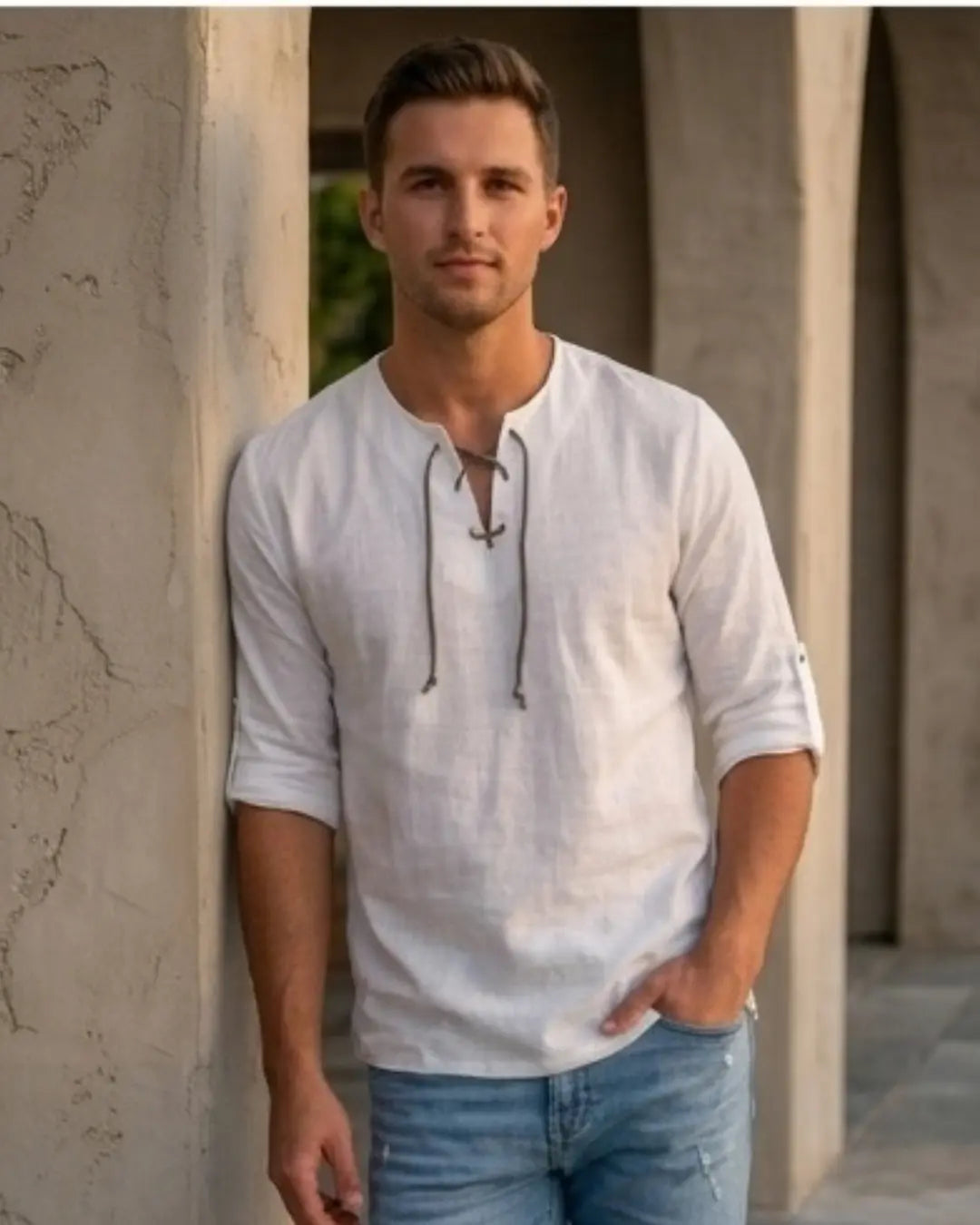 White men's long-sleeve Irish linen shirt with lace-up neckline and rounded hem, lightweight summer shirt in Karachi, Pakistan | Element Jeans Co.