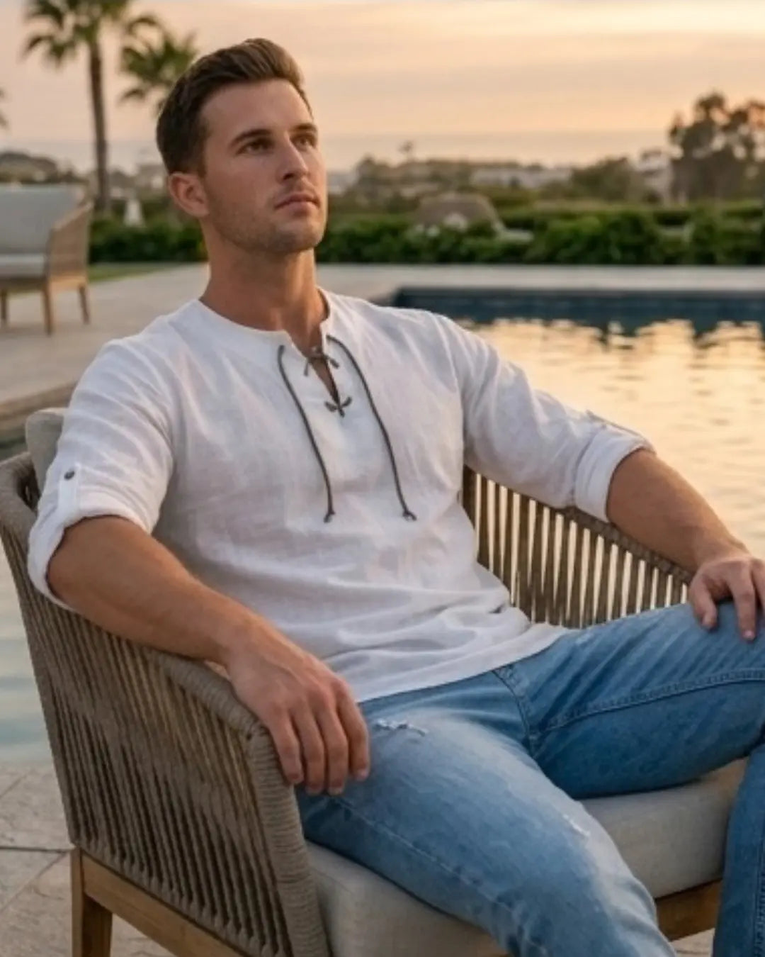 White men's long-sleeve Irish linen shirt with lace-up neckline and rounded hem, lightweight summer shirt in Karachi, Pakistan | Element Jeans Co.