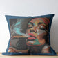 Decorative pillow with a colorful face design on a wooden surface