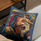 Colorful pillow with a artistic depiction of a person smoking on a couch.