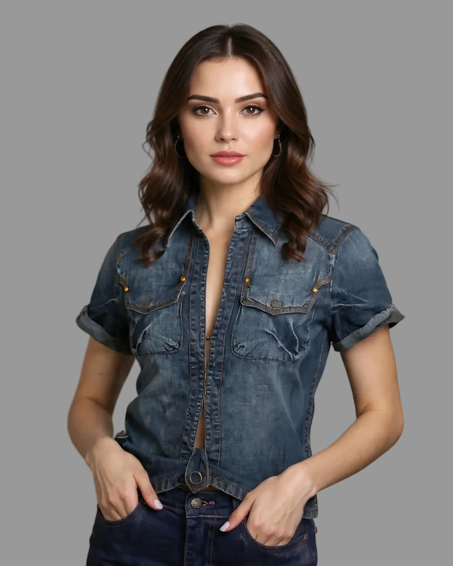 Woman wearing a denim shirt and jeans against a neutral background