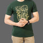 Person wearing a green t-shirt with yellow text on a gray background