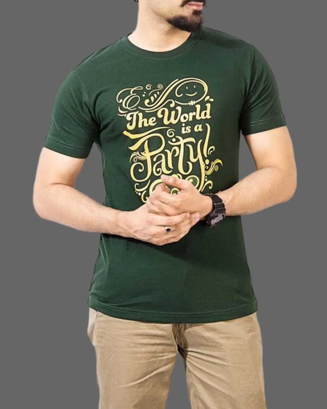 Green t-shirt with gold decorative text 'The World is a Party' on a green background