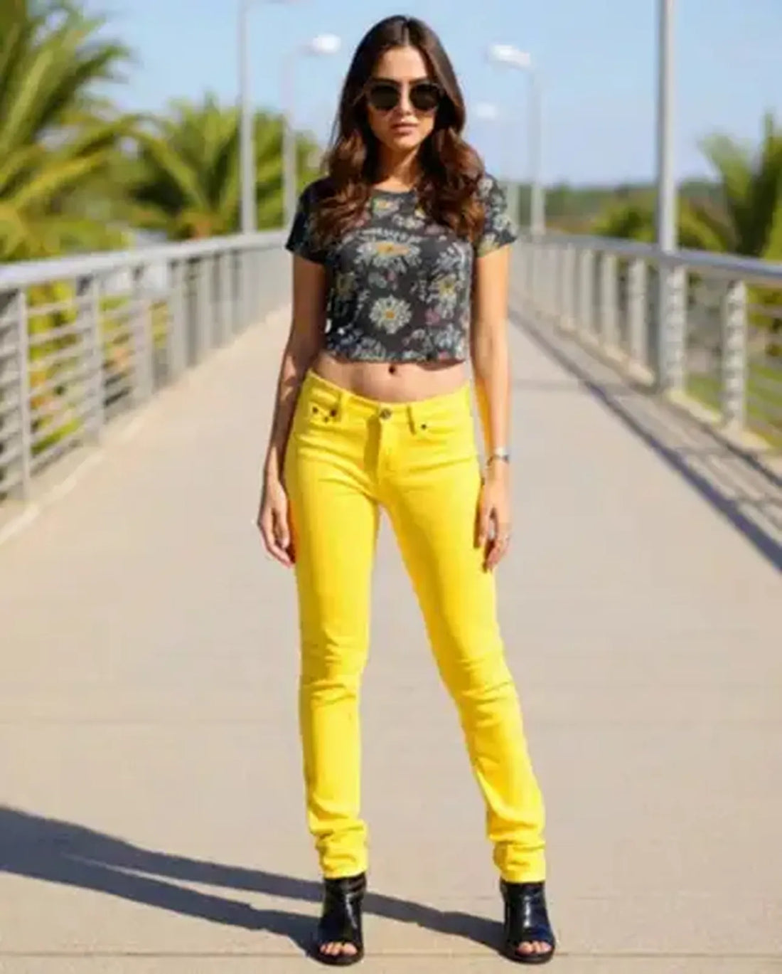 Person wearing bright yellow pants on a neutral background
