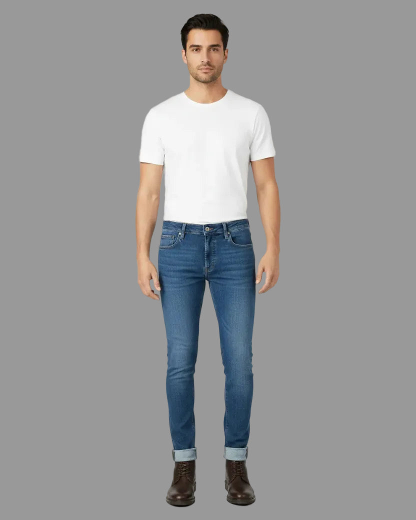 Man wearing a white t-shirt and blue jeans on a white background