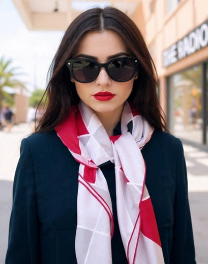 Woman wearing sunglasses and a colorful scarf on a city street