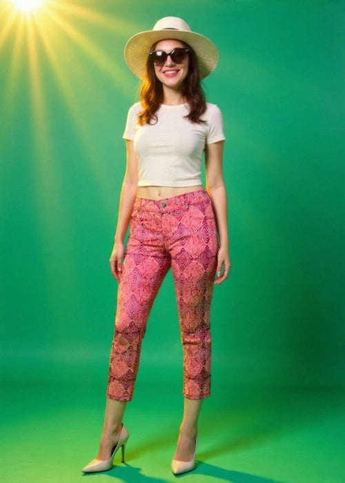 Woman wearing a white top, pink patterned pants, and a sun hat on a green background