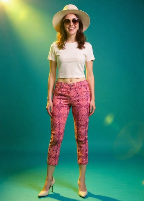 Woman wearing a white top, pink patterned pants, and a hat on a teal background