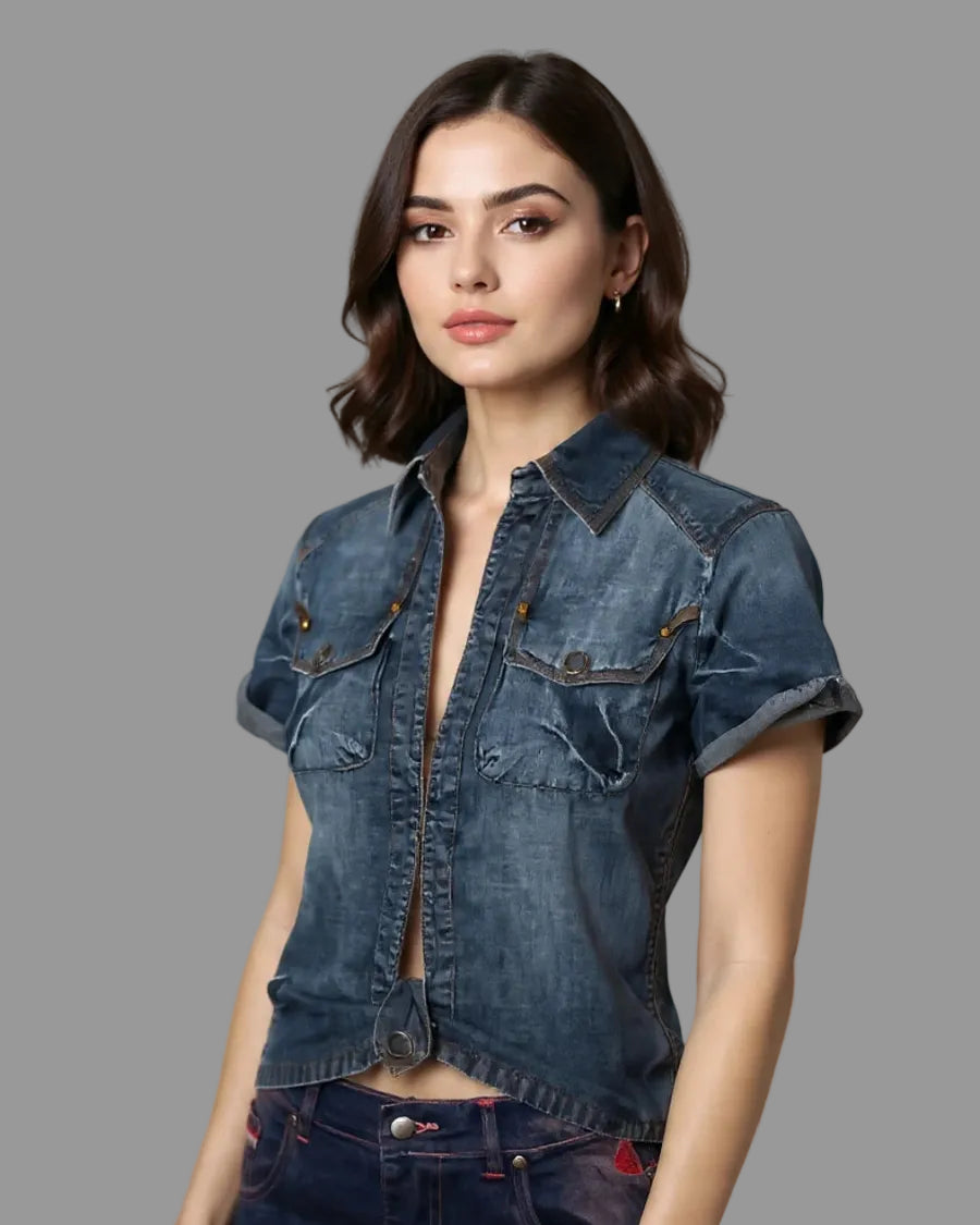 Woman wearing a denim shirt and jeans against a neutral background