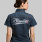 Person wearing a denim shirt with 'Element' branding on the back against a neutral background