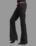 Black bell-bottom pants with a pink belt on a white background
