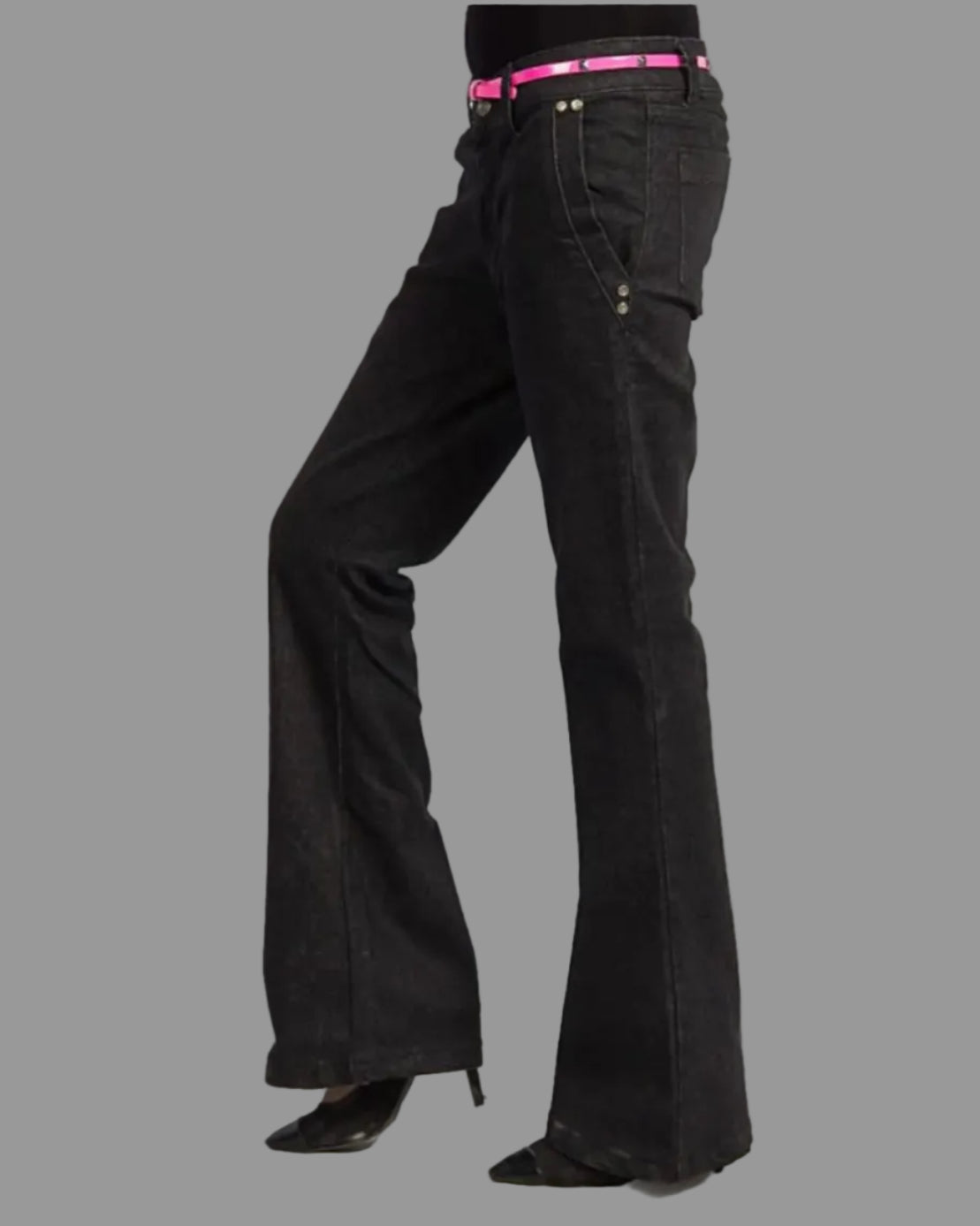 Black bell-bottom pants with a pink belt on a white background