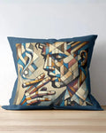 Decorative pillow with abstract design of a face and pipes on a wooden surface.