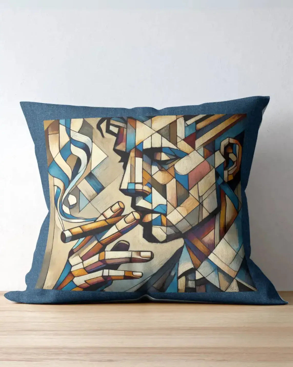 Decorative pillow with abstract design of a face and pipes on a wooden surface.