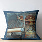 Decorative pillow with a cocktail and cigar design on a wooden surface.