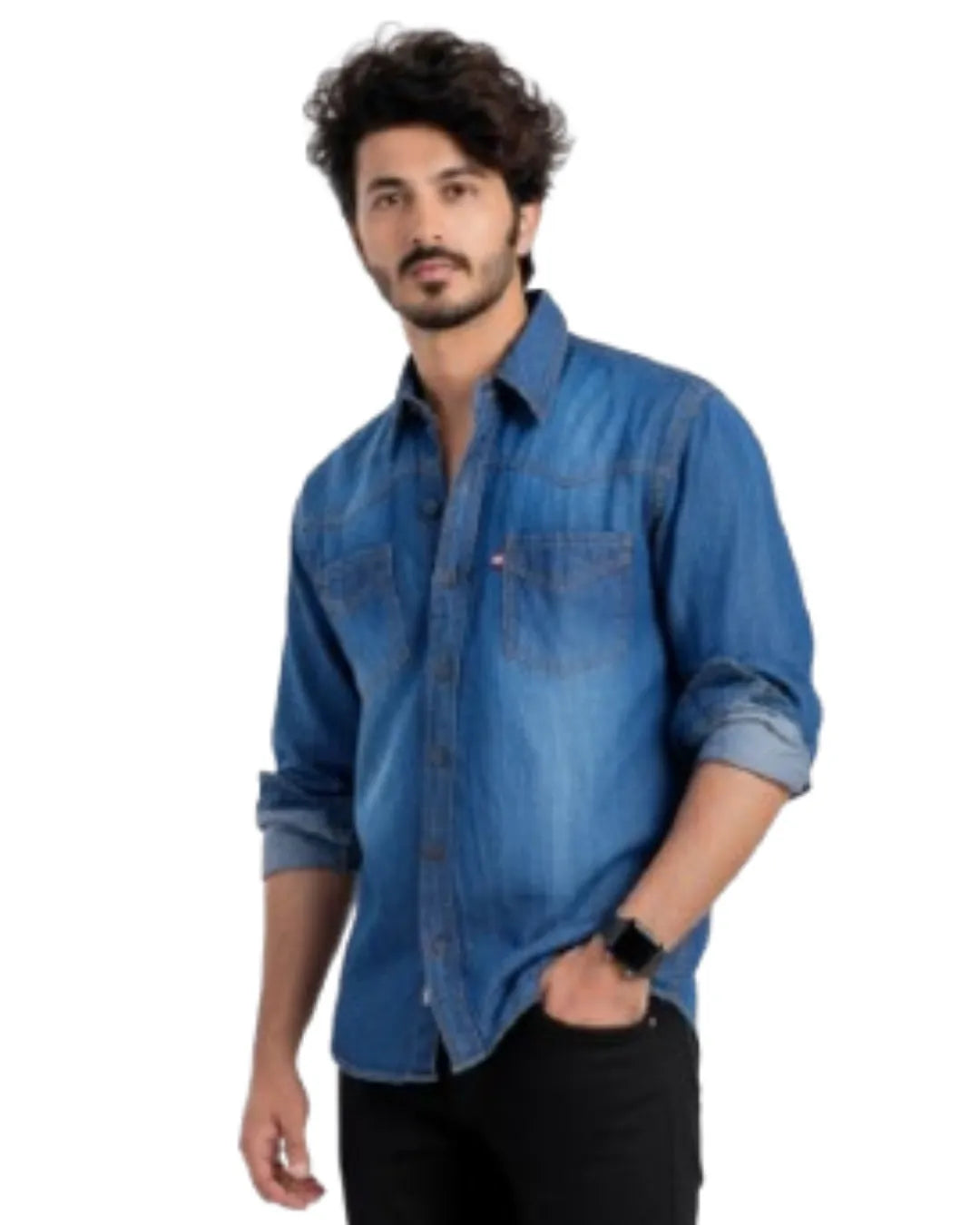 Man wearing a blue denim shirt on a white background