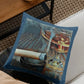 Decorative pillow with a glass of whiskey and a cigar on a couch.
