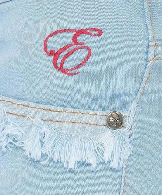 100% Cotton stretch ice blue denim frayed hot pants with signature logo insignia on pocket facing with frayed edges on pockets &amp; legs.