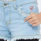 Light blue denim shorts with frayed hem on a white background