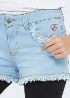 Light blue denim shorts with frayed hem on a white background