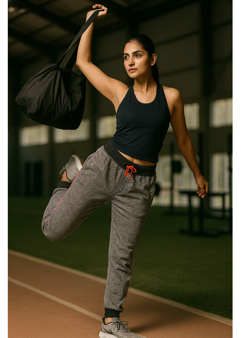 Woman in athletic wear posing with a black bag in an indoor setting