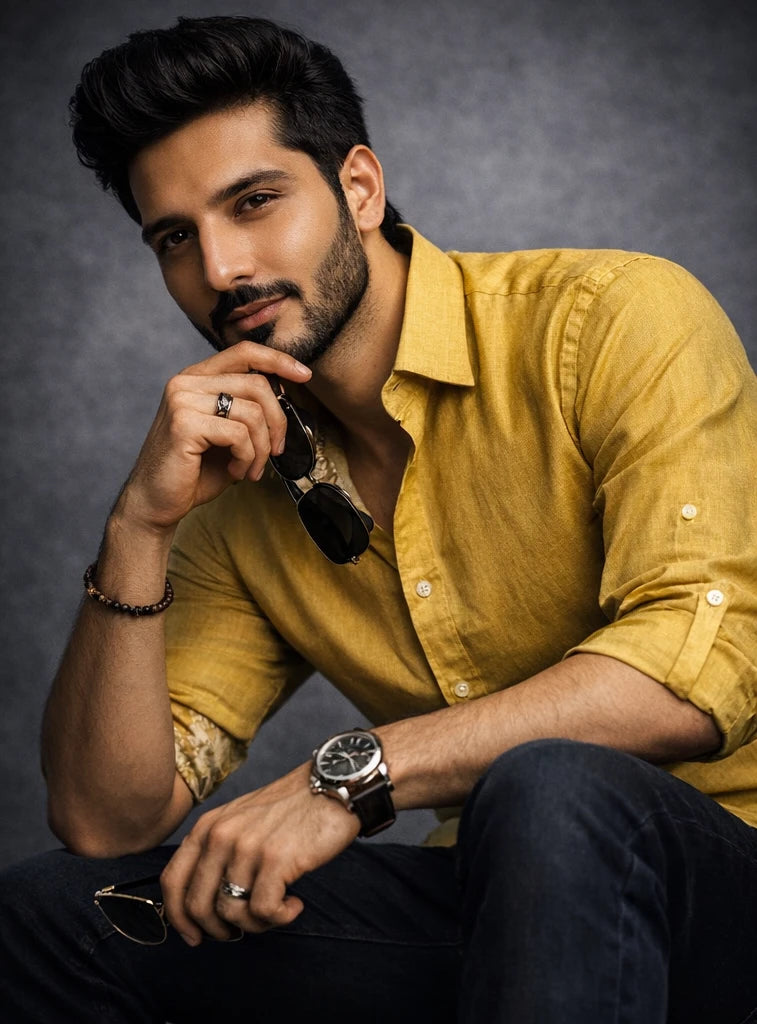 Man in a yellow shirt with a dark background